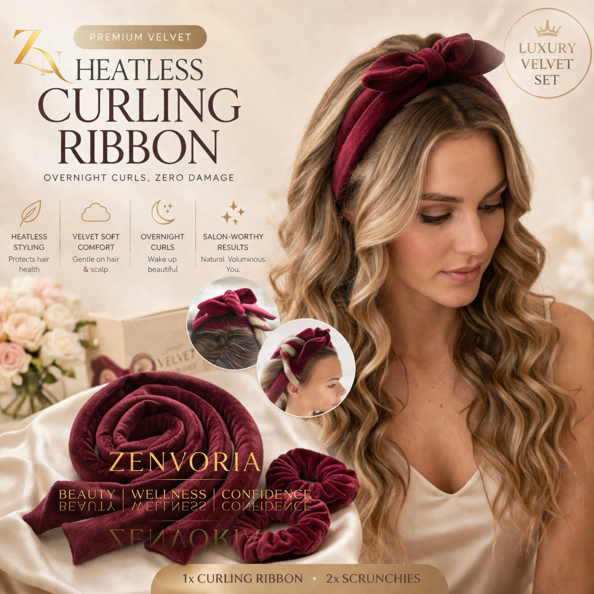 Zenvoria™ Heatless Curling Ribbon – Overnight Hair Curls